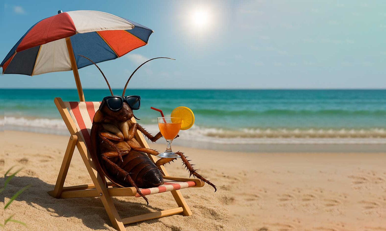 Imagem de barata na praia aproveitando um dia de sol com óculos escuros e tomando suco.